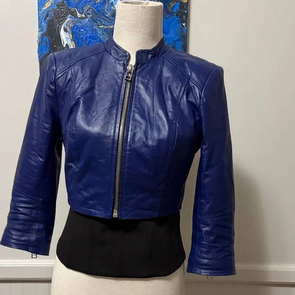 Bebe 100% leather crop Women's Blue Leather Jacket - Picture 3 of 13